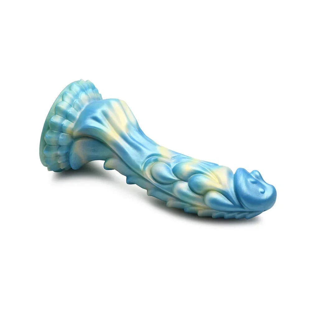 Creature Cocks Sea Stallion Vibrating Silicone Dildo with Remote, blue and yellow design, ribbed scales, suction cup base.