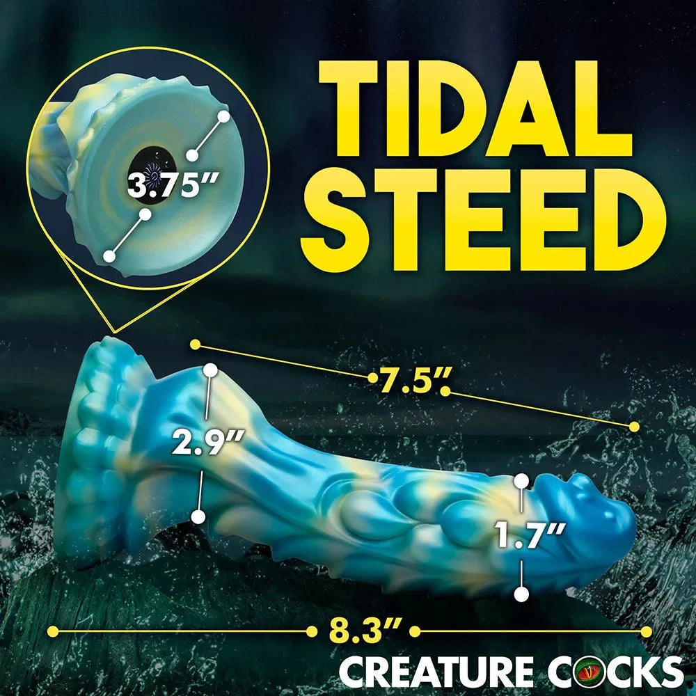 Creature Cocks Sea Stallion Vibrating Silicone Dildo with Remote; blue-yellow design; ribbed texture; waterproof; suction base; controlled vibrations.