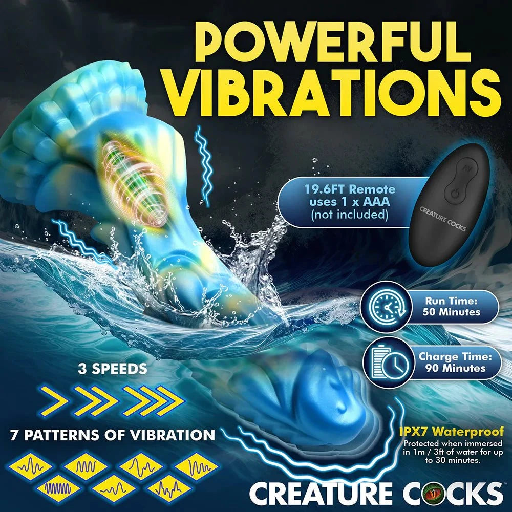 Creature Cocks Sea Stallion Vibrating Silicone Dildo with Remote, blue and yellow design, ribbed scales, waterproof, suction base, multiple vibrations.