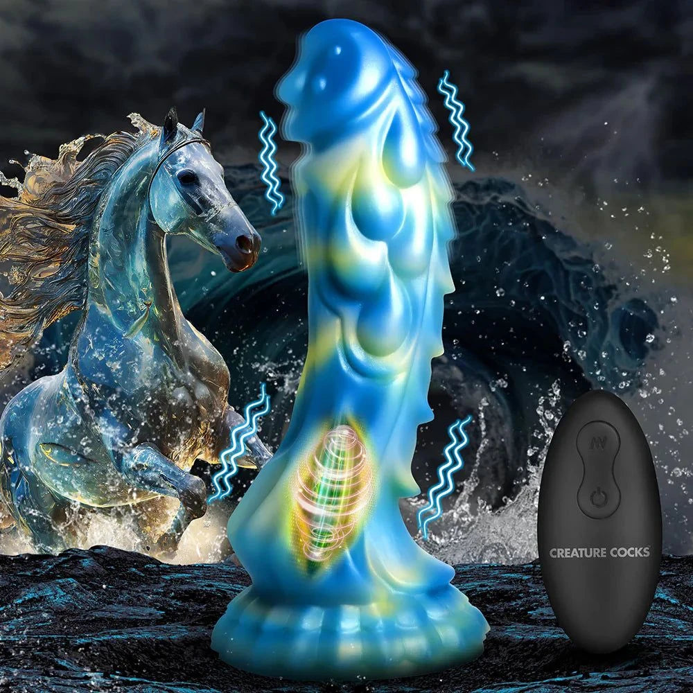 Creature Cocks Sea Stallion Vibrating Silicone Dildo with Remote, blue and yellow iridescent design, strong suction cup, waterproof IPX7, premium silicone.