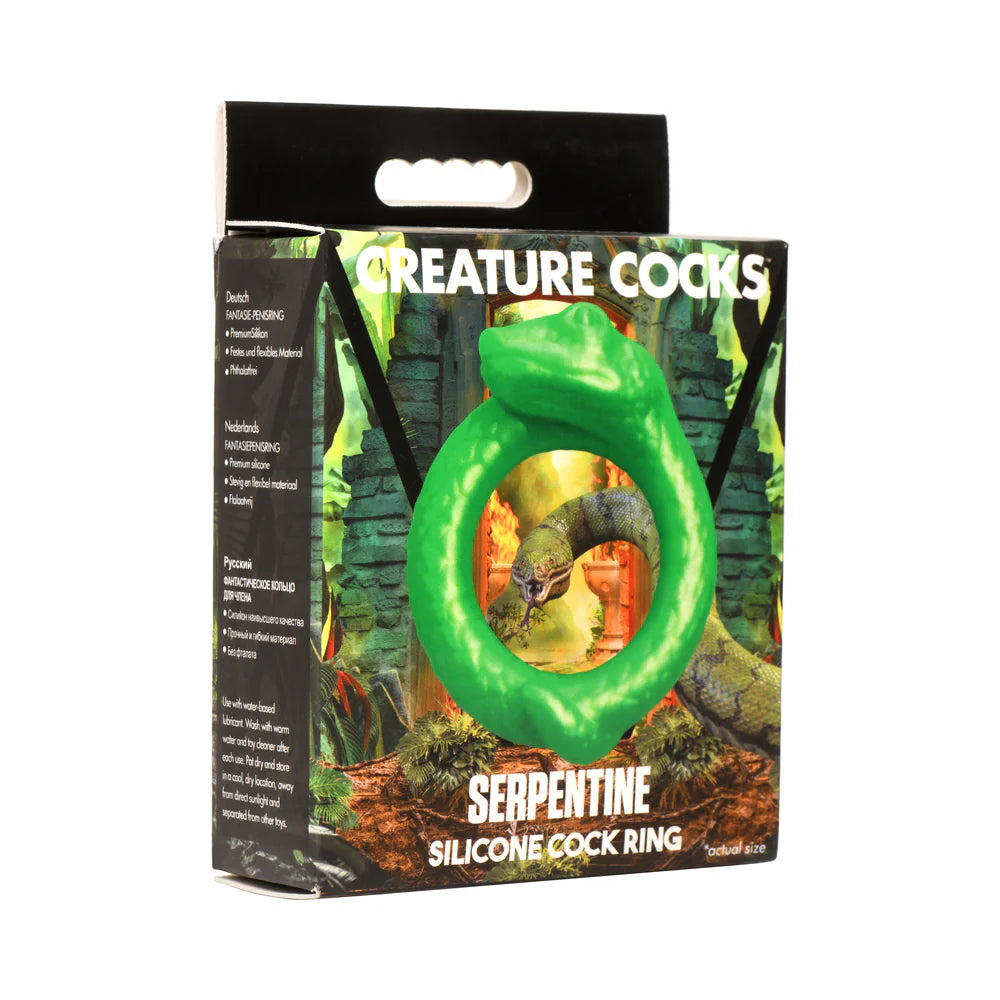 Creature Cocks Serpentine Silicone Cock Ring packaging with jade serpent design.