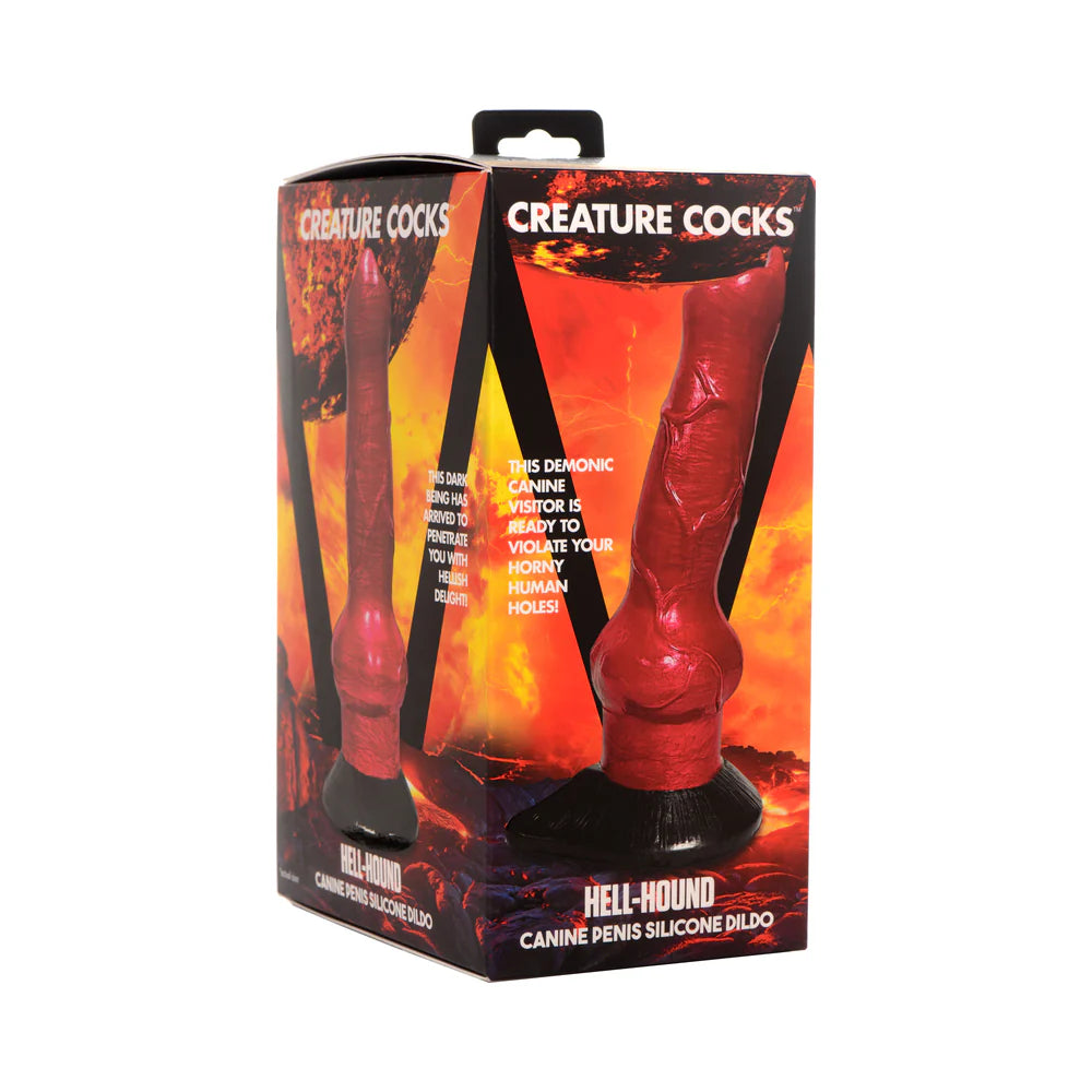 Creature Cocks Hell-Hound Canine Penis Silicone Dildo in packaging with red design and sturdy black base.