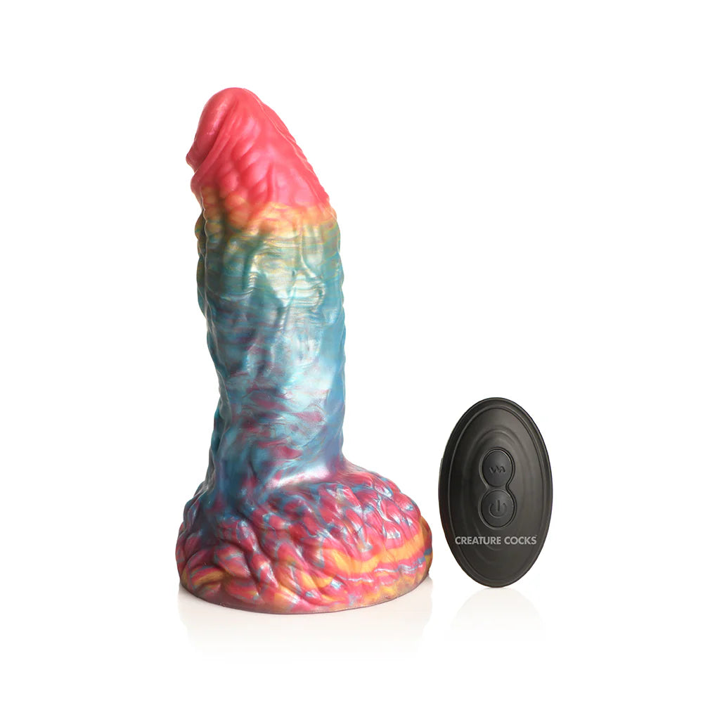 Rainbow Phoenix Vibrating Silicone Dildo with remote control, featuring iridescent design and strong suction base.