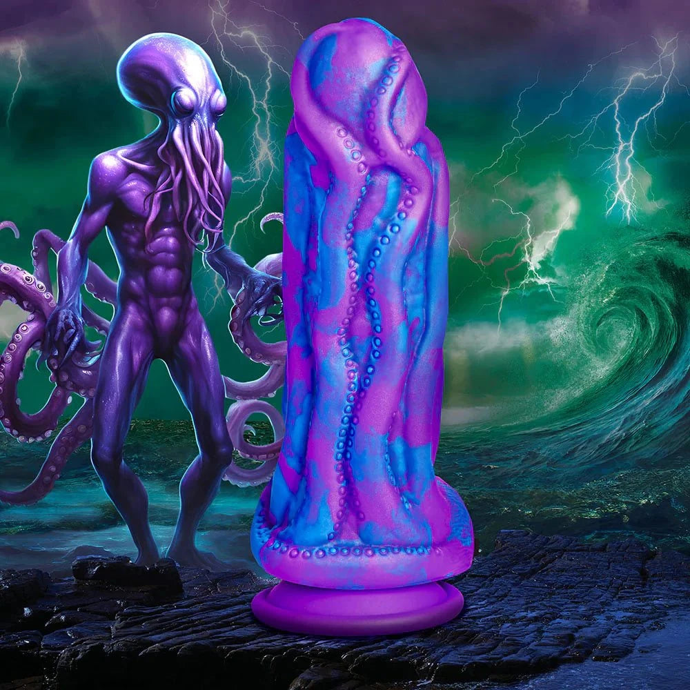 Fantasy-themed Creature Cocks Octophallus Silicone Dildo with octopus design, purple and blue colors, suction cup base for hands-free use.