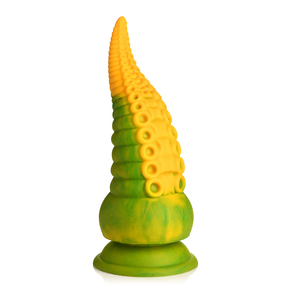 Yellow and green vibrating tentacle silicone dildo with textured shaft and suction-cup base.