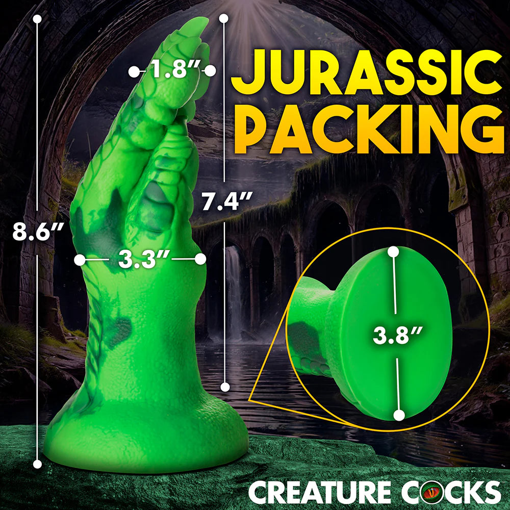 Creature Cocks Raptor Claw Fisting Silicone Dildo with green textured surface, suction-cup base, fantasy-inspired design.