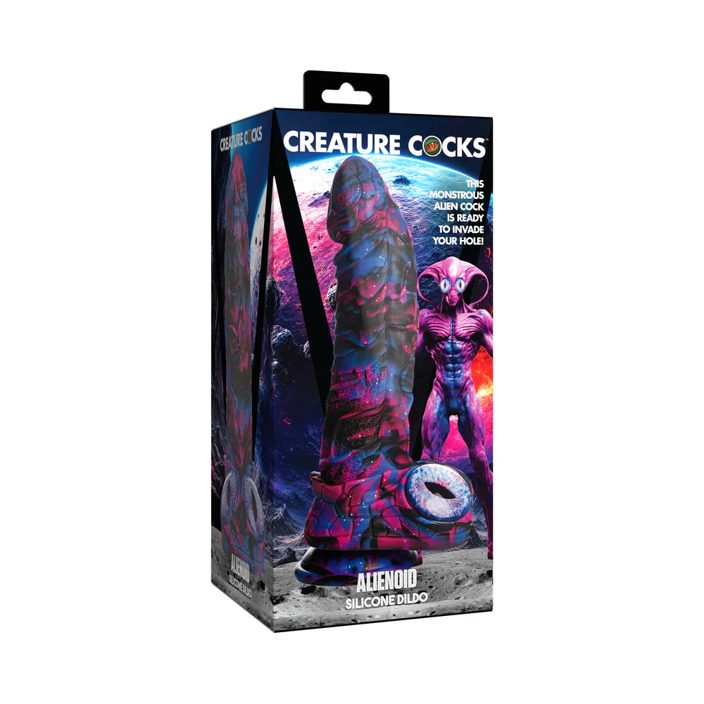 Packaging of Creature Cocks Alienoid Silicone Dildo with vibrant cosmic design.