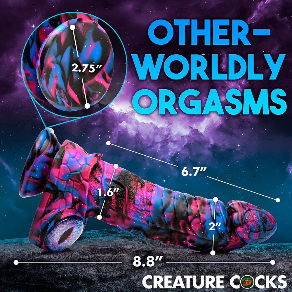 Creature Cocks Alienoid Silicone Dildo with galaxy colors, textured shaft, and suction base.