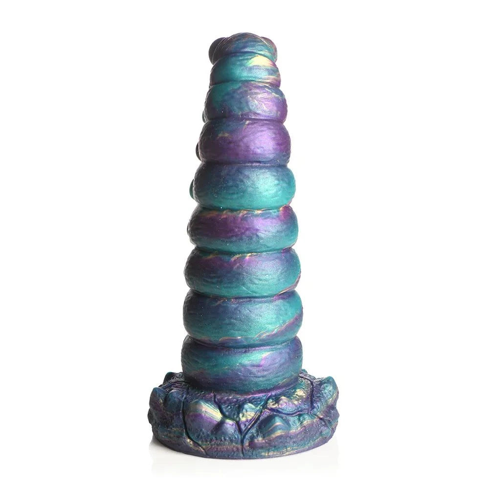 Teal and purple iridescent Creature Cocks Chrysalis Silicone Dildo with bulging segments and wide base.