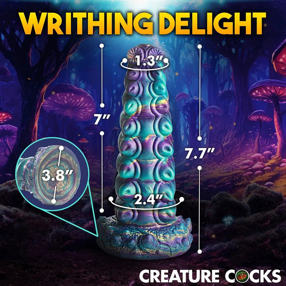 Creature Cocks Chrysalis Silicone Dildo, fantasy-inspired design, teal and purple iridescent colors, suction cup base, strap-on compatible.