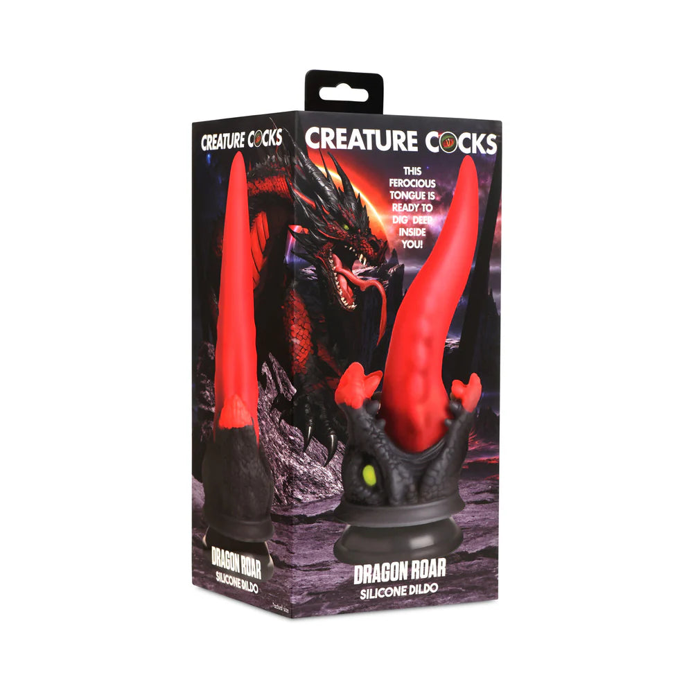 Creature Cocks Dragon Roar Silicone Dildo in black and red packaging with fantasy dragon design.