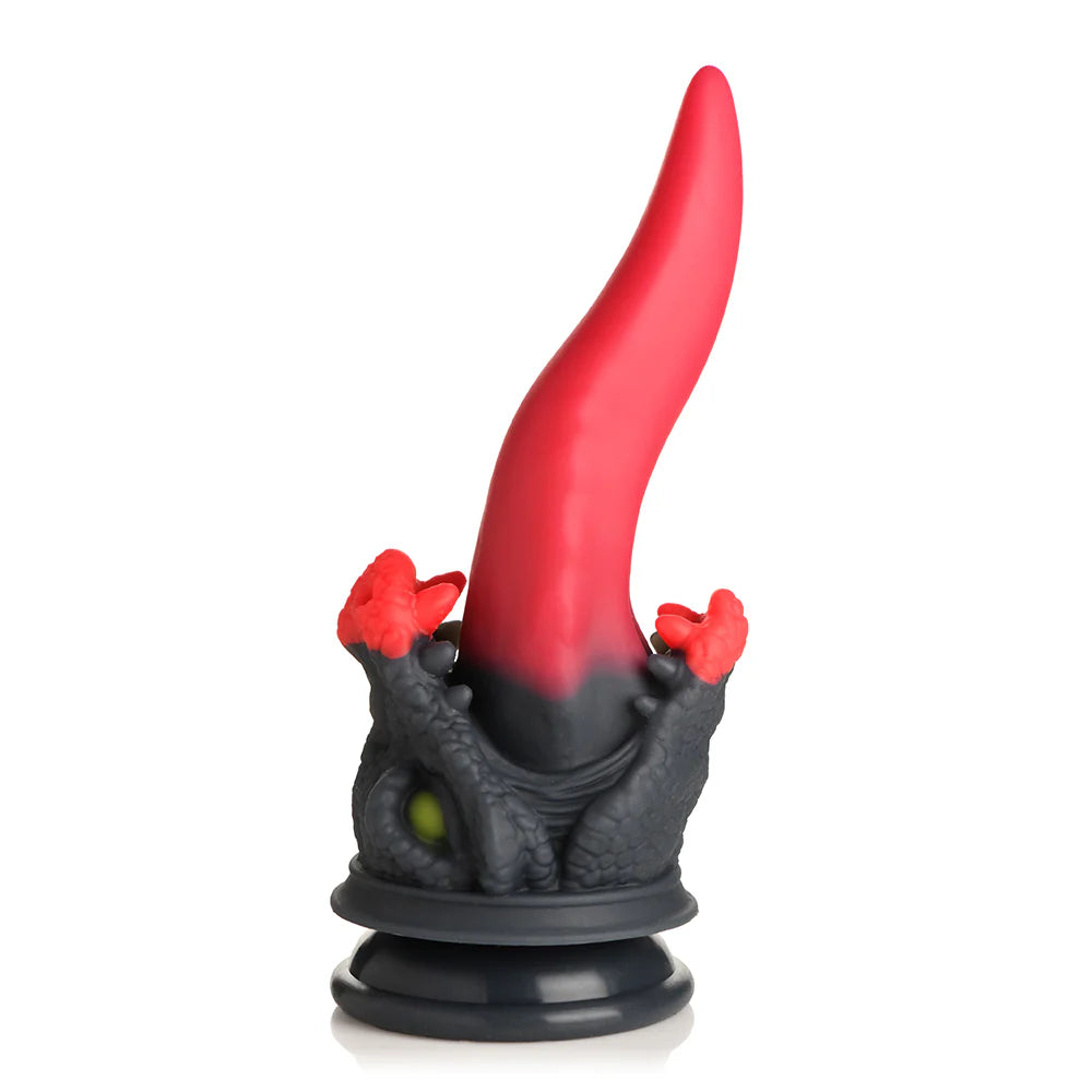 Dragon-inspired silicone dildo with black and red design, tapered tongue, and suction cup base.