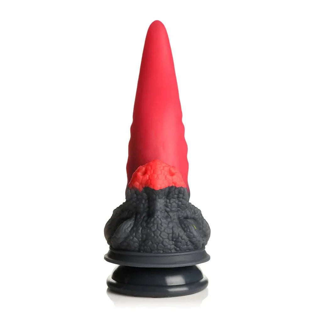 Creature Cocks Dragon Roar Silicone Dildo in black and red with suction cup base.