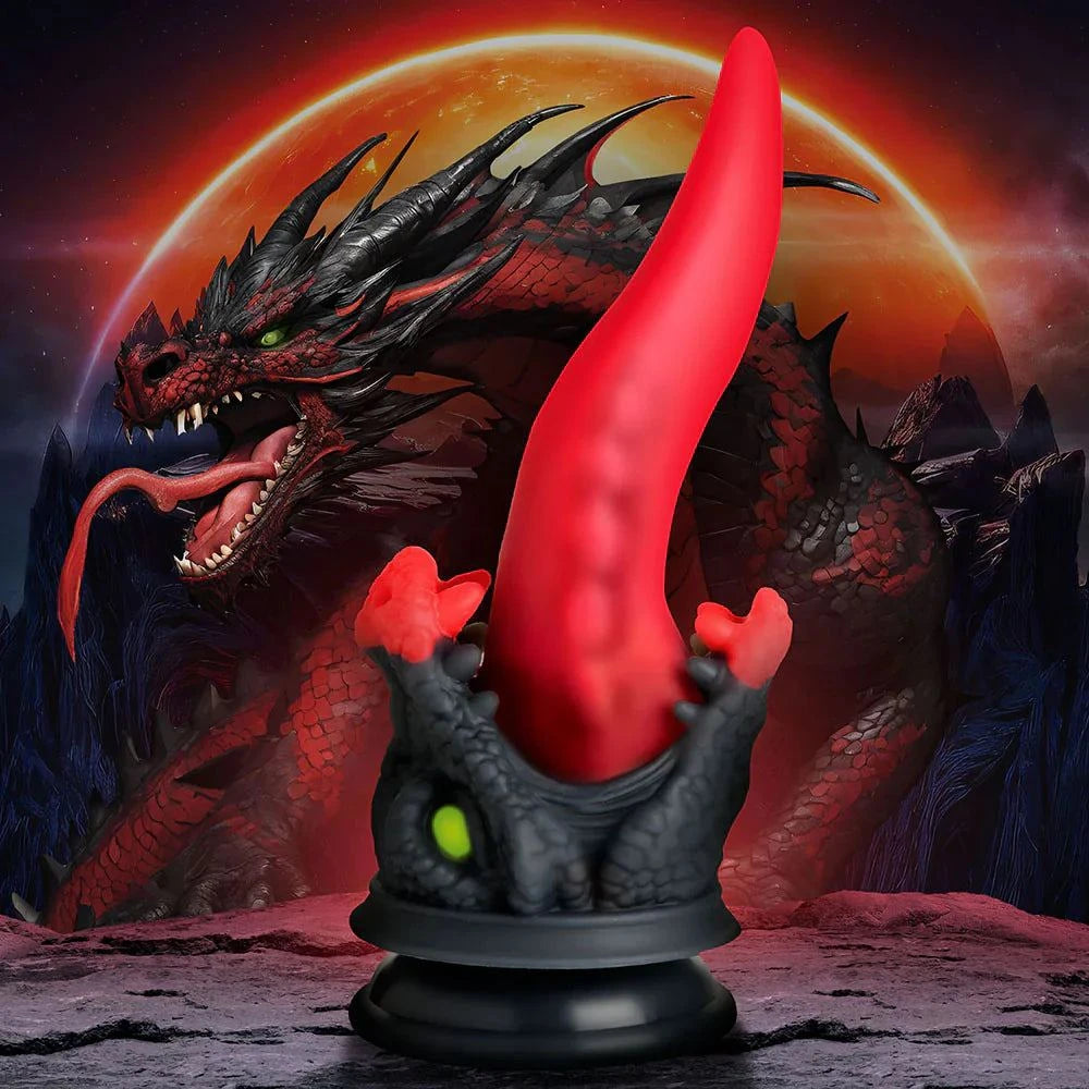 Fantasy-inspired Creature Cocks Dragon Roar Silicone Dildo with black and red design, tapered tongue, and suction base.