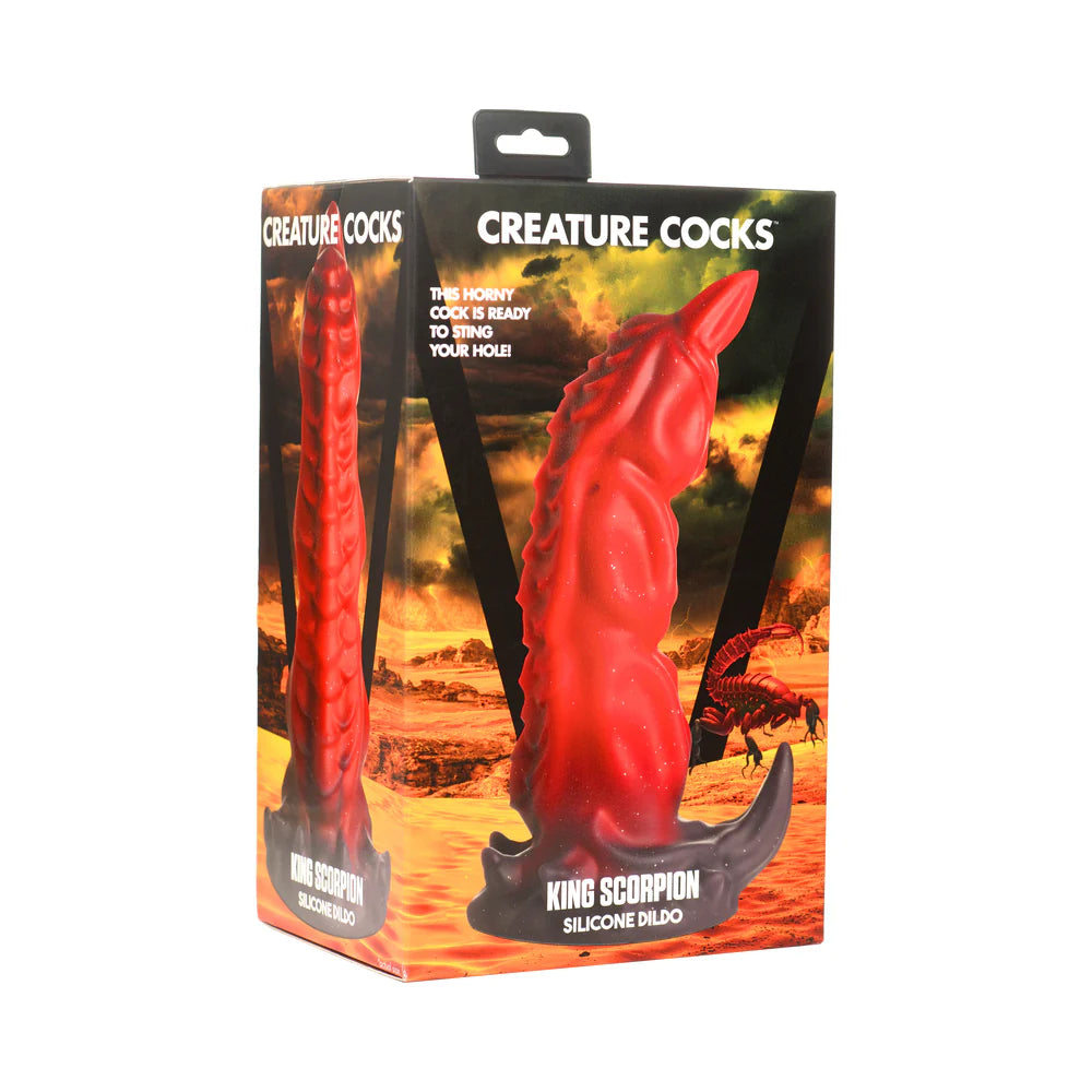 Creature Cocks King Scorpion Silicone Dildo packaging with red and black scorpion tail design.