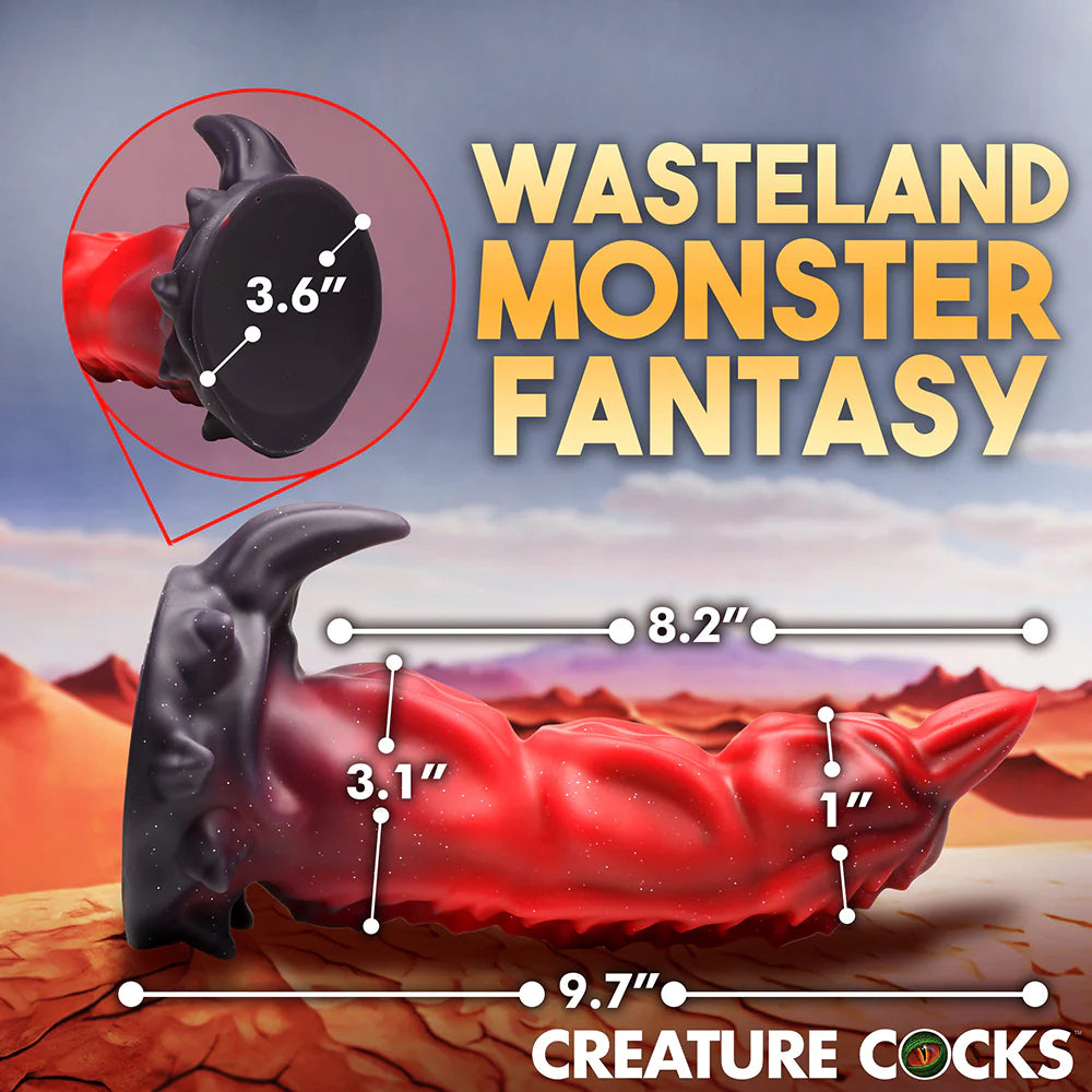 Creature Cocks King Scorpion Silicone Dildo with red and black scorpion tail design, segmented bulges, and suction cup base.