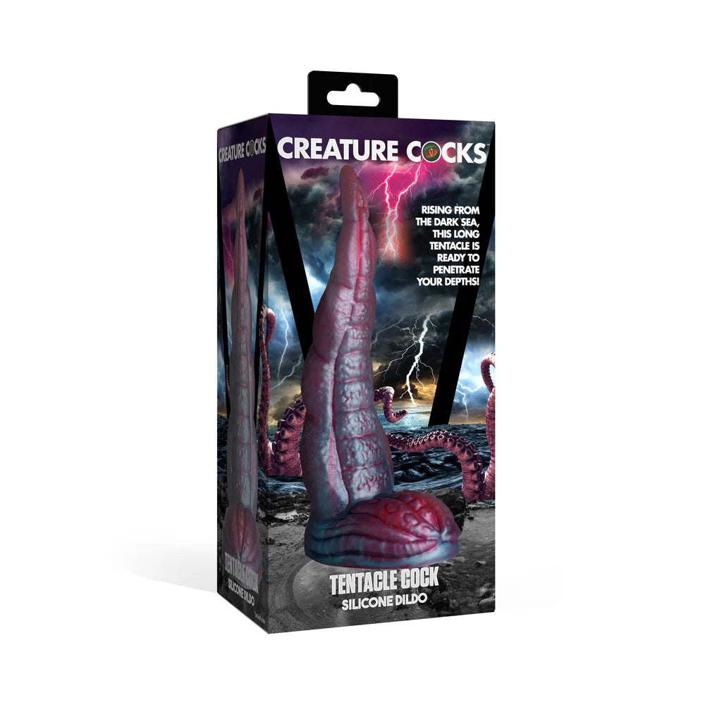 Creature Cocks Tentacle Cock Silicone Dildo packaging with iridescent red and blue design and suction base.