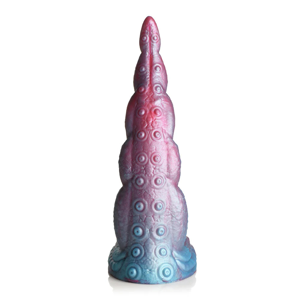 Iridescent red and blue tentacle design silicone dildo with textured suckers and a wide base for suction.