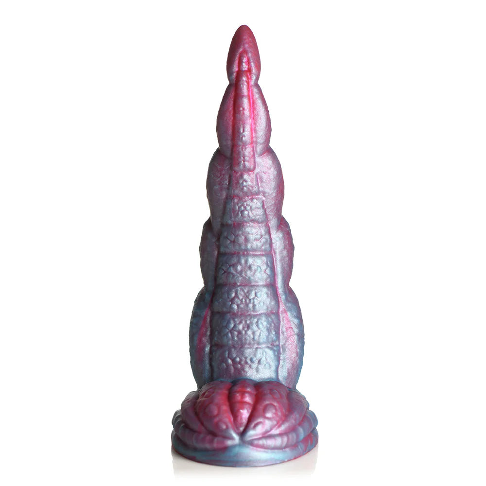 Iridescent red and blue tentacle dildo with textured surface and wide suction base for fantasy play.