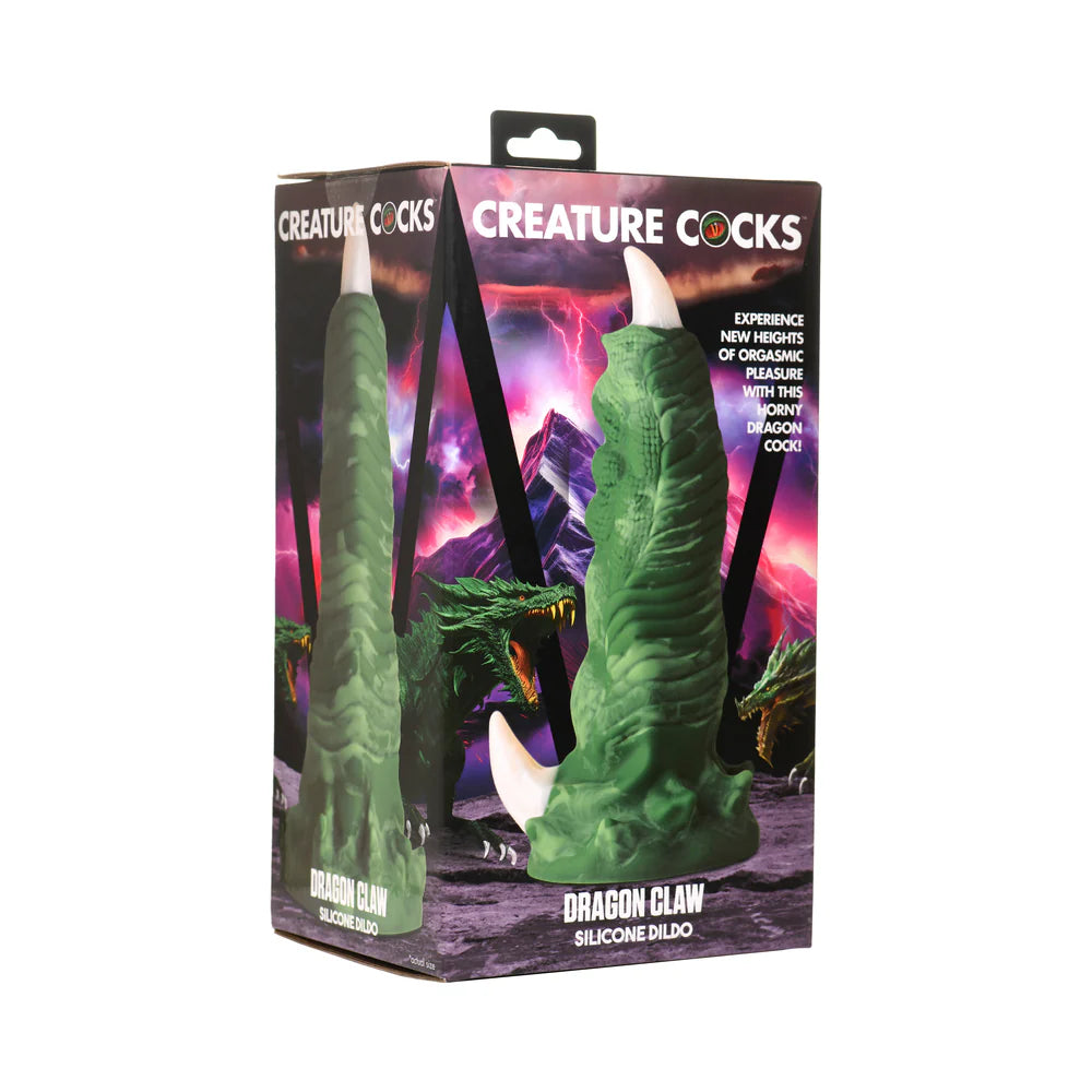 Creature Cocks Dragon Claw Silicone Dildo in packaging with green ribbed texture and white talons.