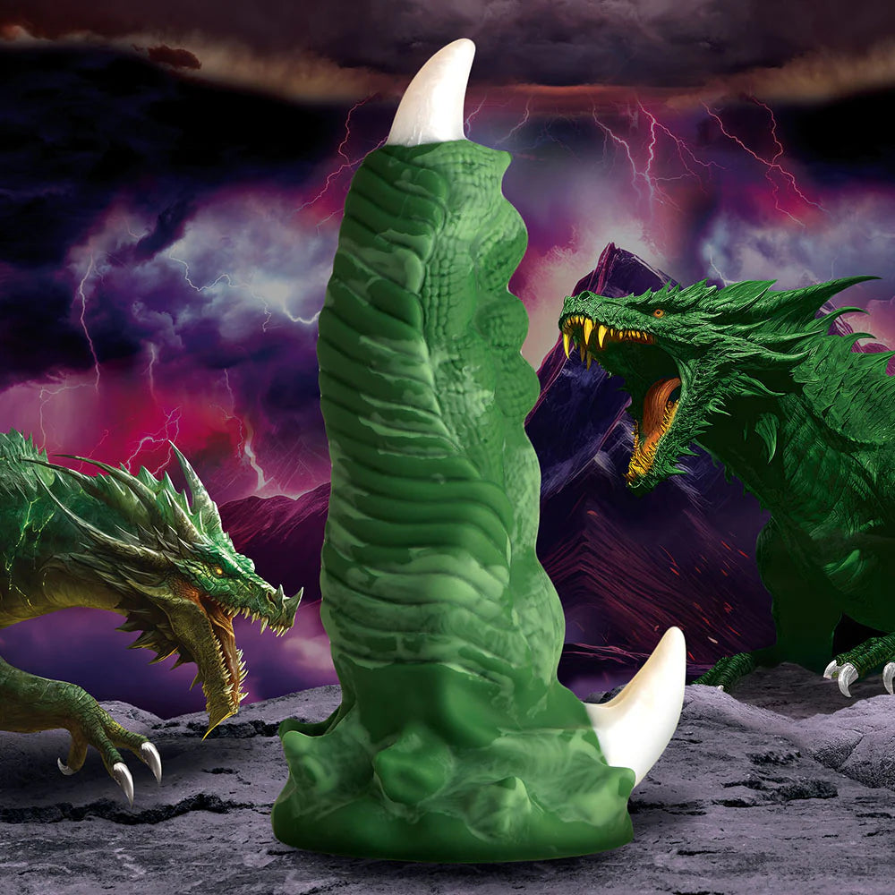 Creature Cocks Dragon Claw Silicone Dildo with ribbed scales and white talons, fantasy sex toy.