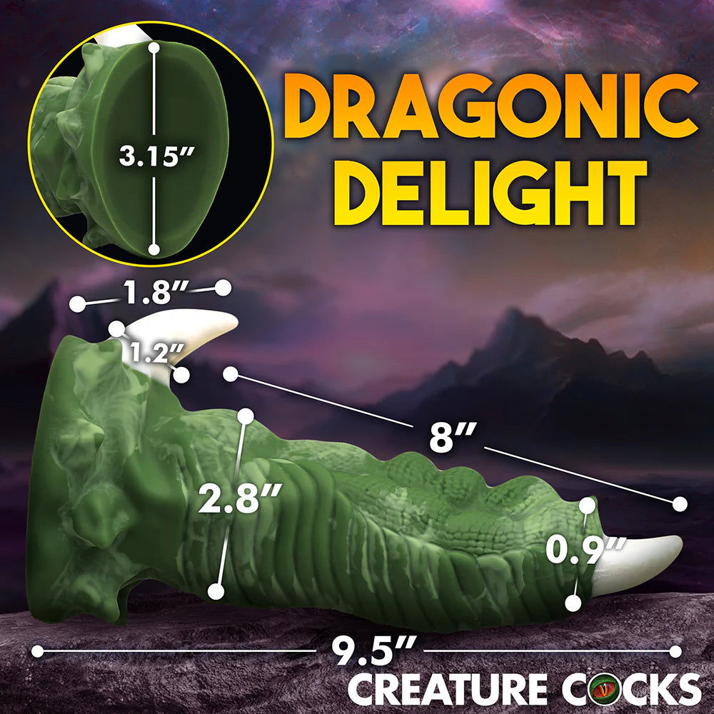 Creature Cocks Dragon Claw Silicone Dildo with textured green scales and white talons, featuring a suction cup base for hands-free use.