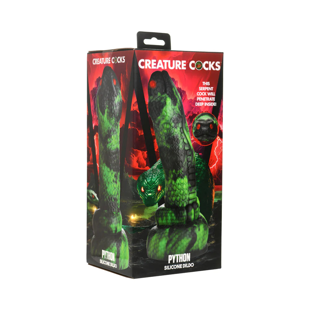 Creature Cocks Python Silicone Dildo packaging with fantasy-themed design, featuring red glowing eyes and black-green scales.