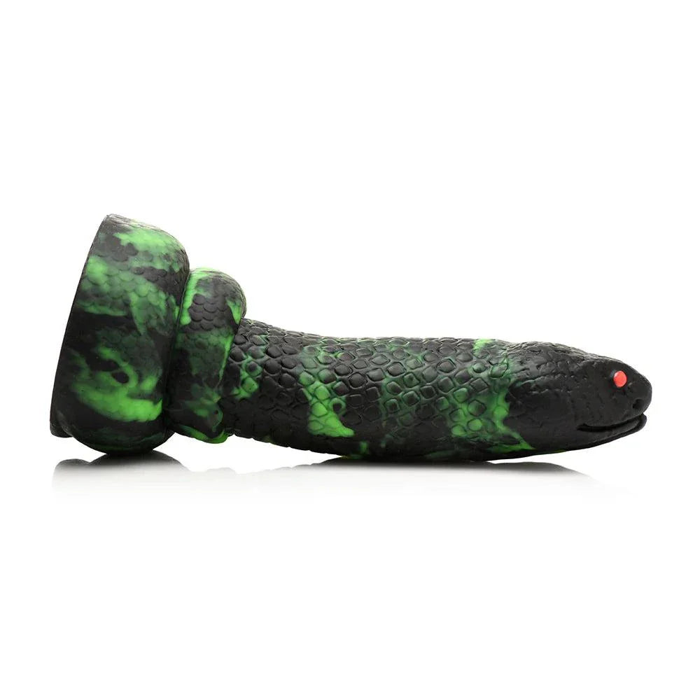 Creature Cocks Python Silicone Dildo with black and green scales, red eyes, and suction cup base.