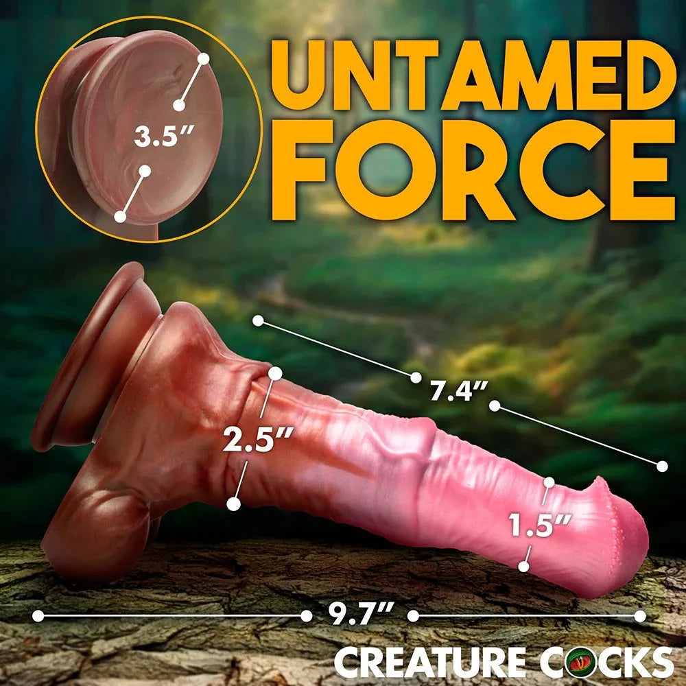 Creature Cocks Centaur Cock Silicone Dildo with realistic design, 9.7 inches long, suction cup base, pink and brown coloration.