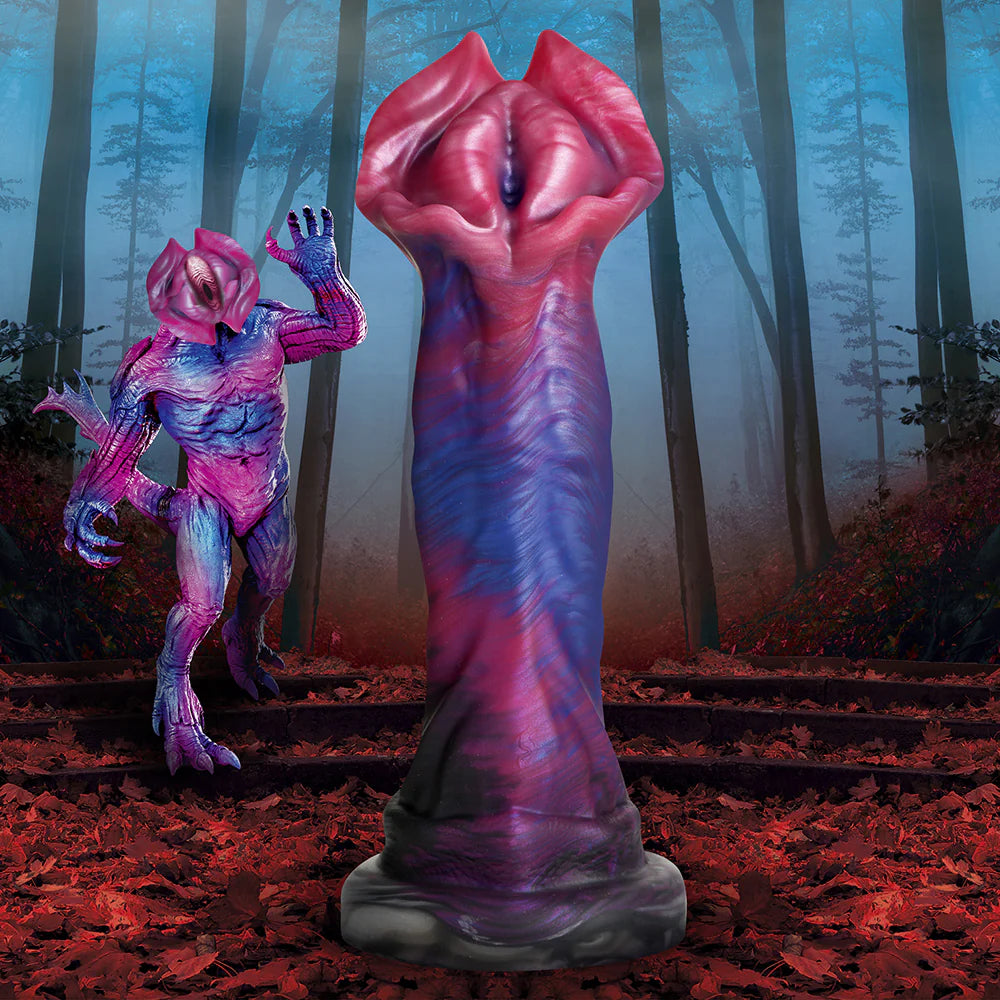 Creature Cocks Demogorgon Silicone Dildo with fantasy-inspired design in a forest setting.