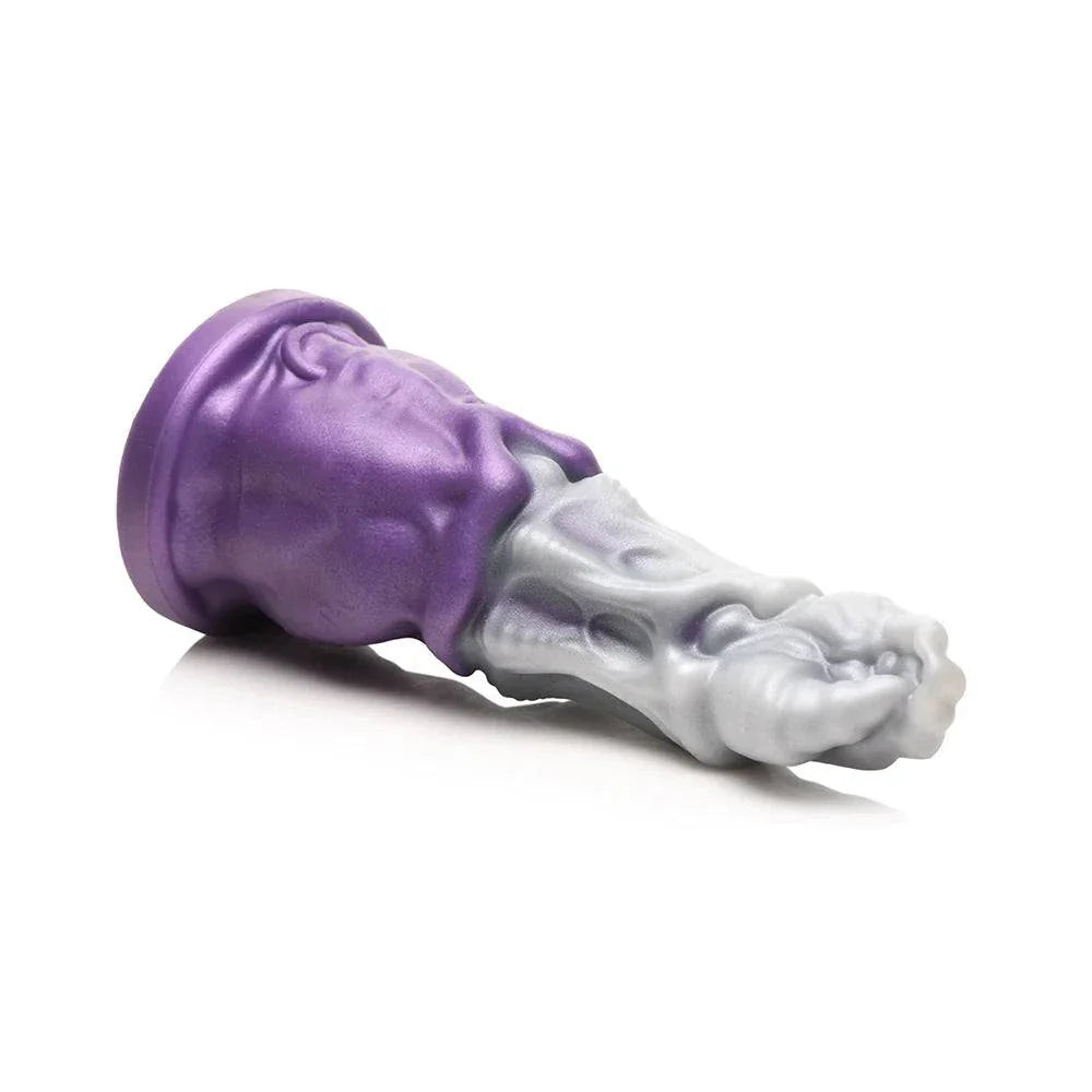 Creature Cocks Grim Reaper Silicone Dildo with purple cloak and silver skin, features intricate details and suction base.