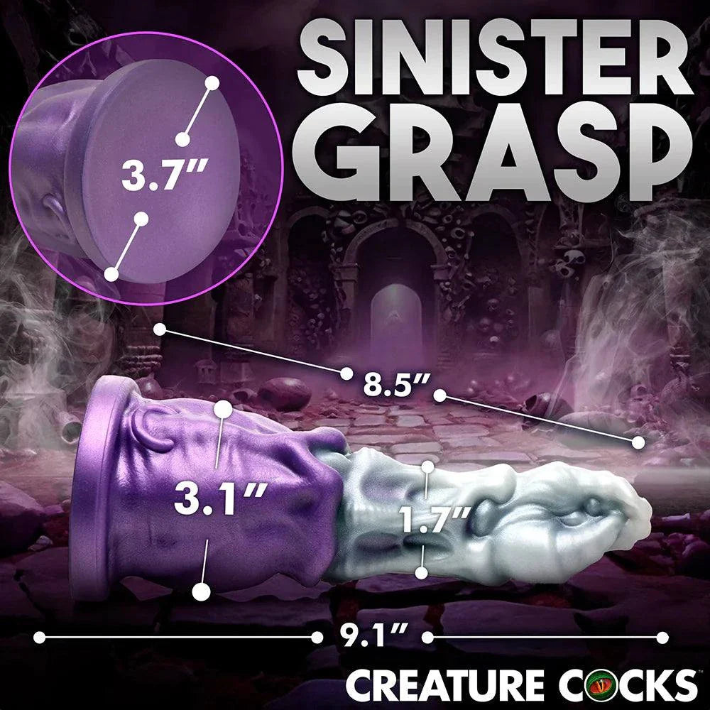 Creature Cocks Grim Reaper Silicone Dildo with detailed suction base and measurements.