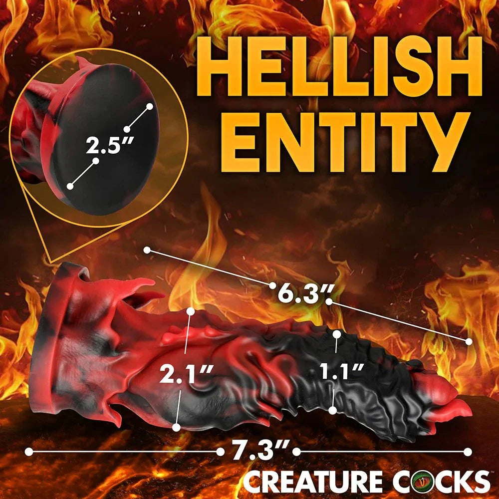 Creature Cocks Mephisto Silicone Dildo with detailed measurements and fiery background.