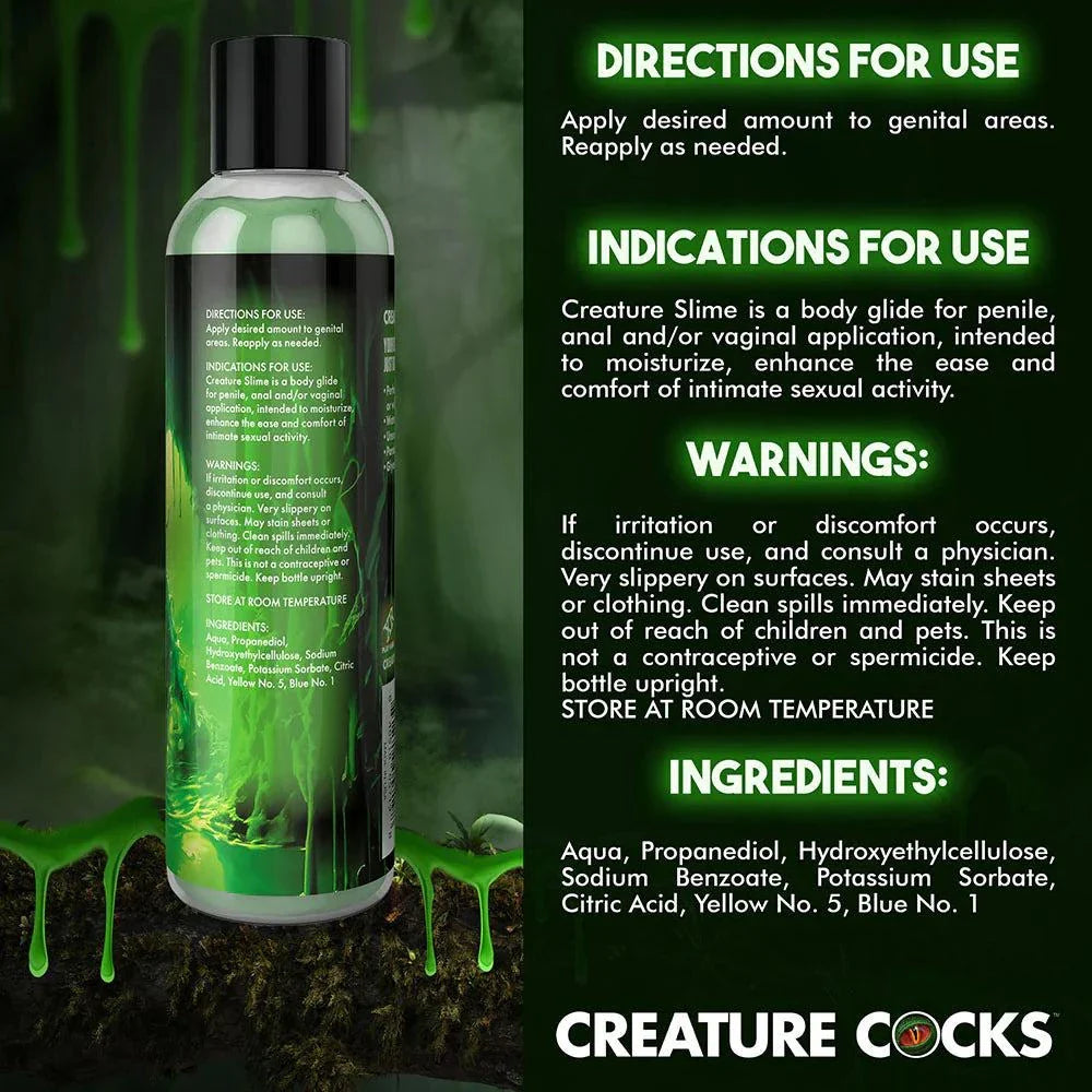 Creature Slime Green Water-Based Lubricant 8 oz bottle with green slime design and safety instructions.