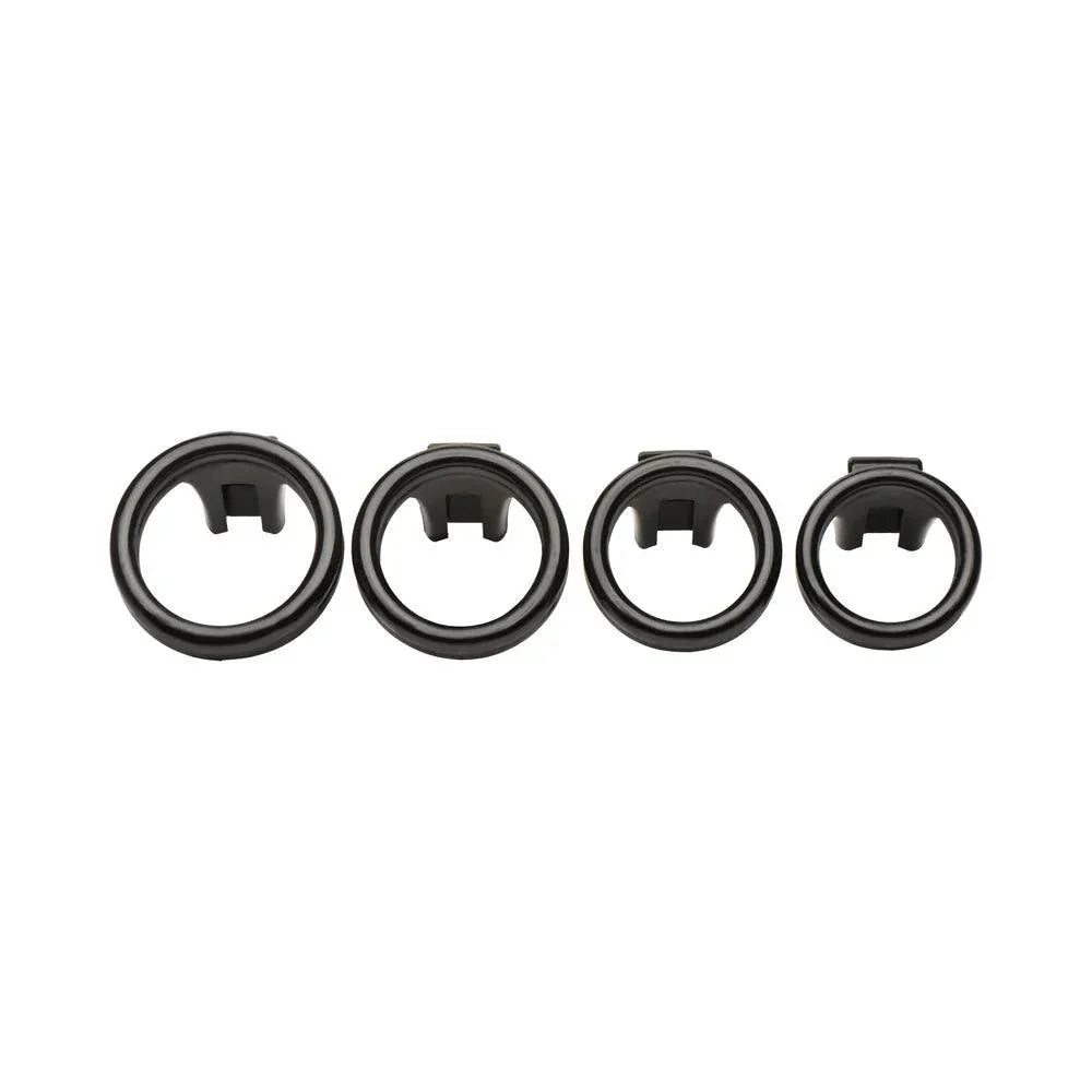 Master Series Double Ring Chastity Cage with four black adjustable rings for comfort and security.