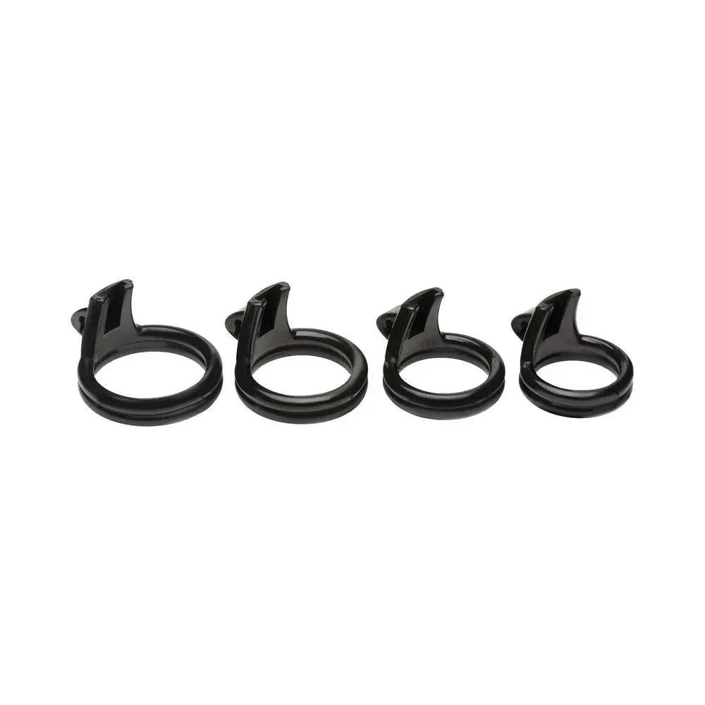 Black plastic rings from the Master Series Double Ring Chastity Cage set, designed for comfort and security.