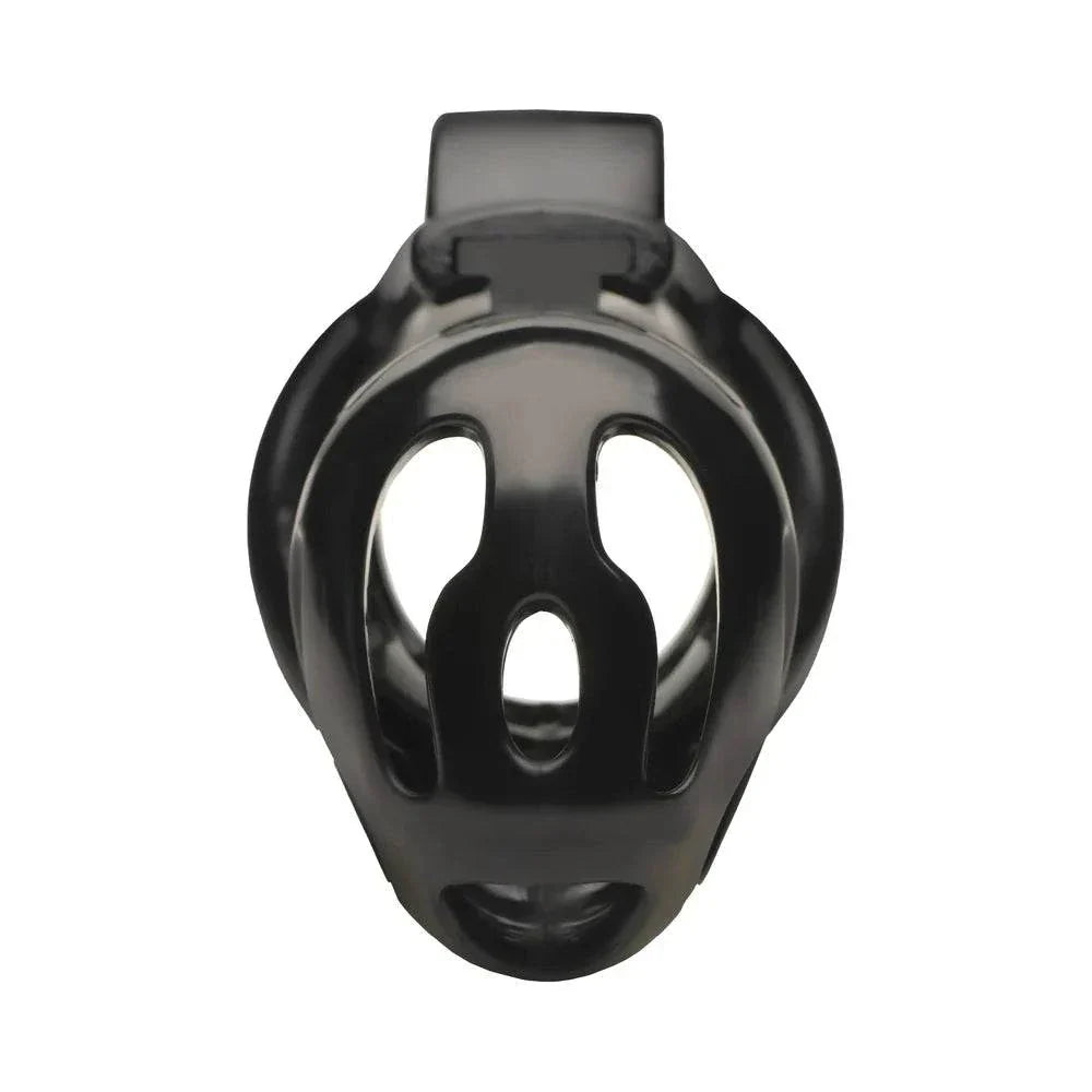 Black plastic Master Series Double Ring Chastity Cage with dual rings for comfort and security.