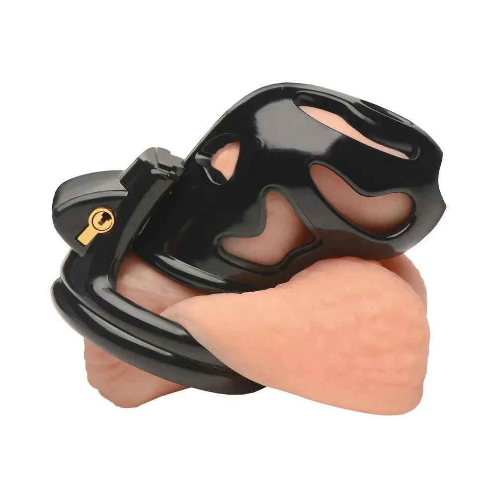 Master Series Double Ring Chastity Cage in black plastic with ventilation vents and adjustable rings for comfort and security.