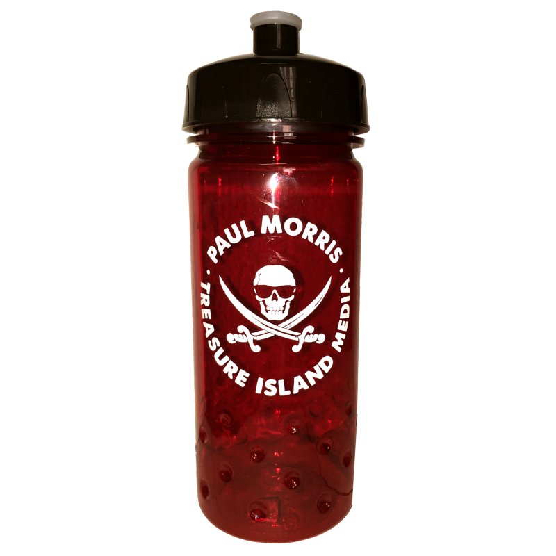 Red TIM 16oz Sports Bottle with black lid and skull design.