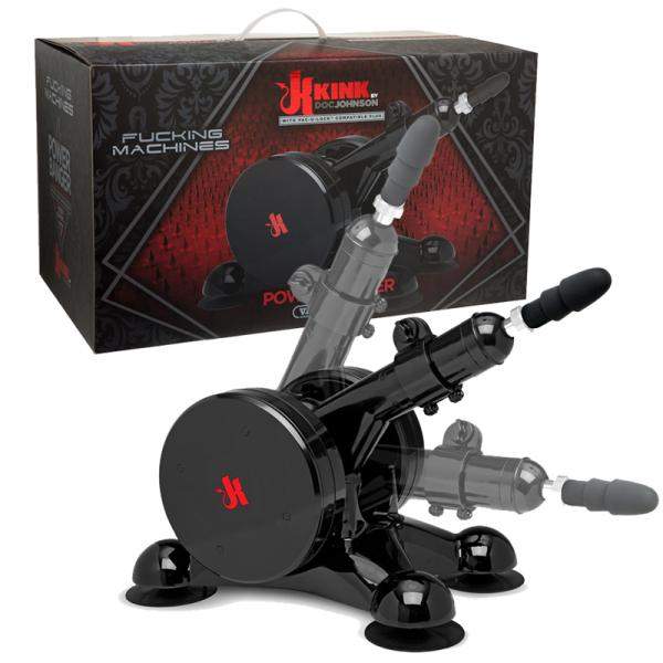 Kink Fucking Machines Power Banger Black sex machine with adjustable thruster arm and strong suction cups for versatile pleasure.