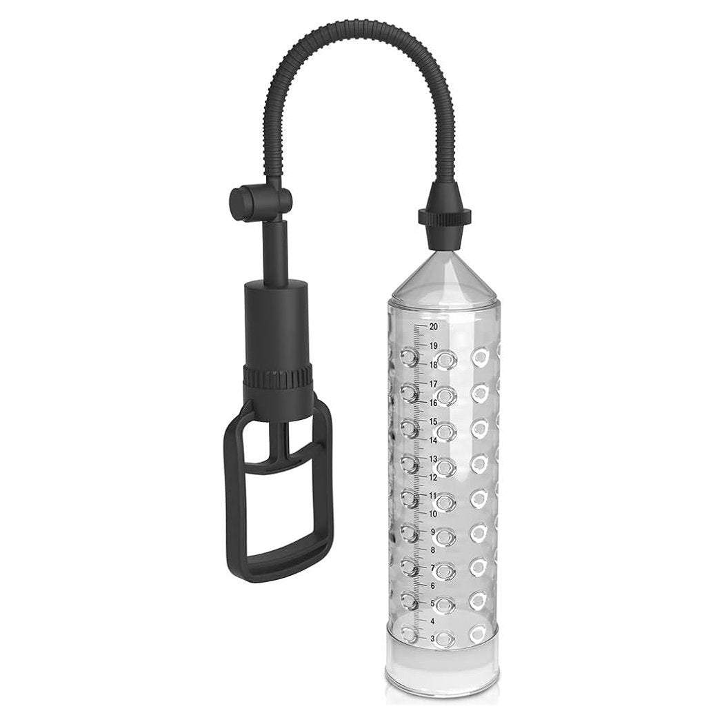 Clear and black penis stimulation pump with silicone sleeve and quick-release valve.