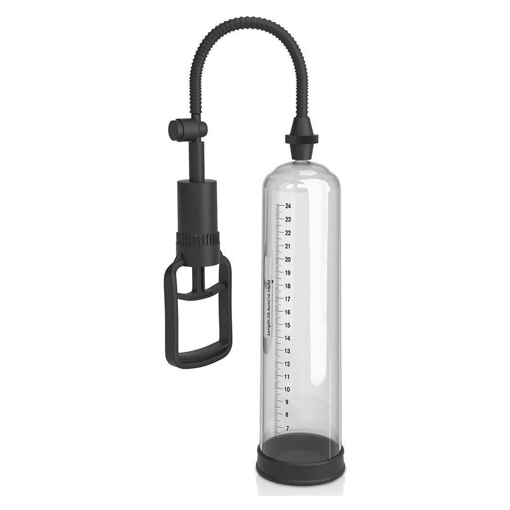 XL penis enlargement pump in clear and black with silicone sleeve and pressure gauge.