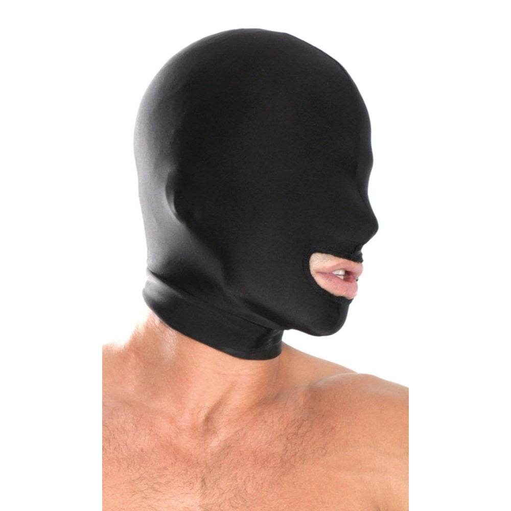 Black Pipedream Fetish Fantasy Series Spandex Open Mouth Hood for BDSM play.