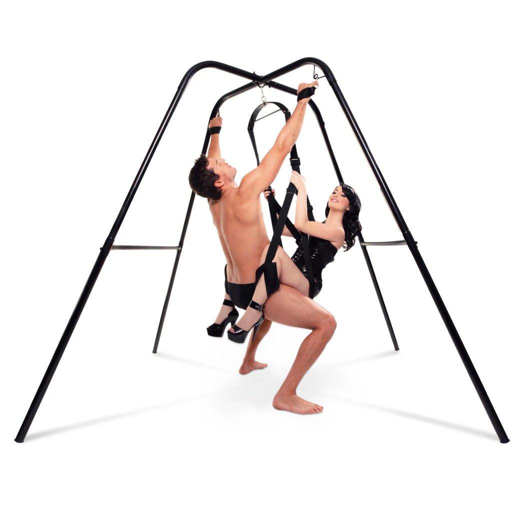 Black Pipedream Fetish Fantasy Series Swing Stand, showcasing sleek design and durable high-quality steel for enhanced comfort and stability.