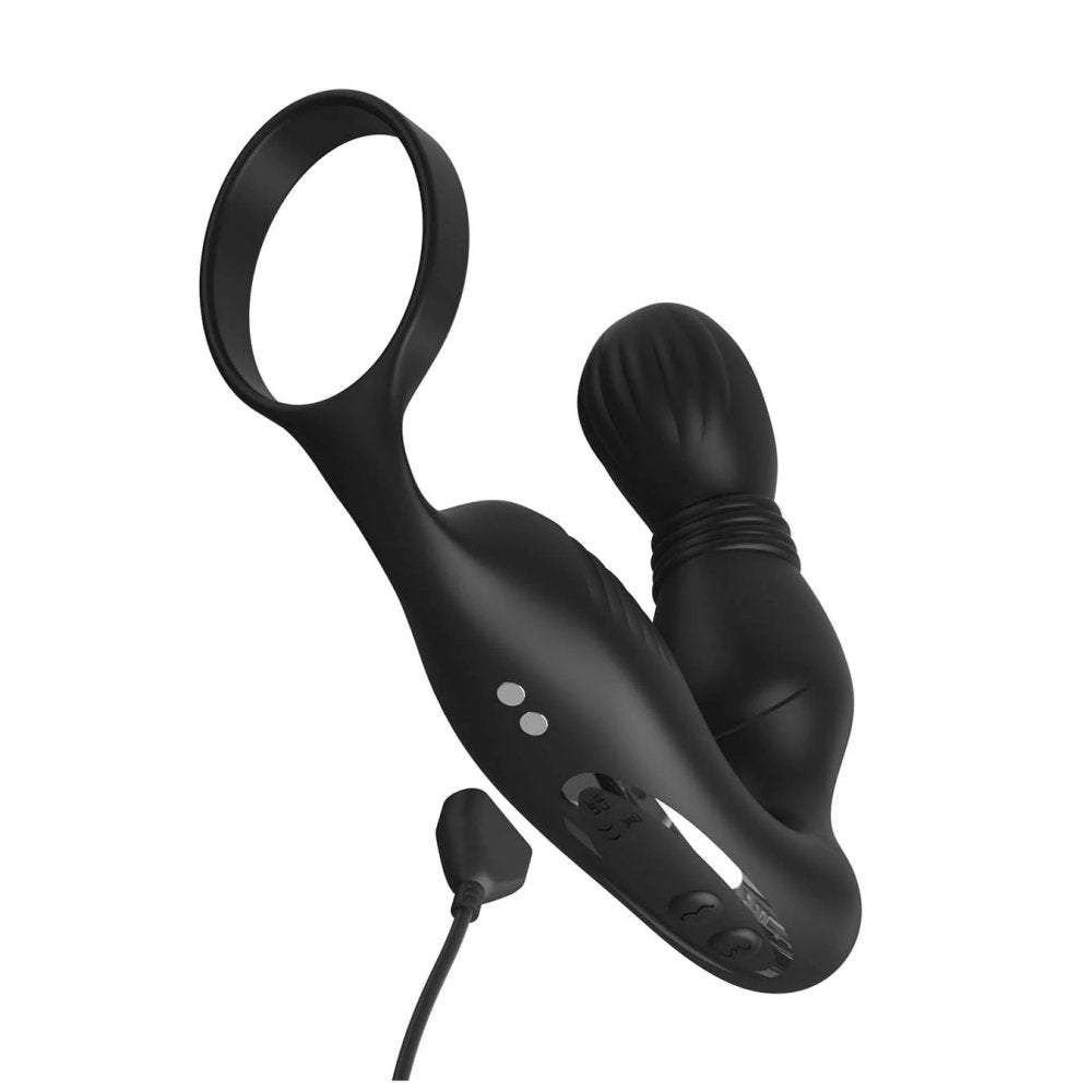 Anal Fantasy Elite Ass-Gasm Pro P-Spot Milker in black with remote control, featuring a curved shaft and ribbed milking sleeve.