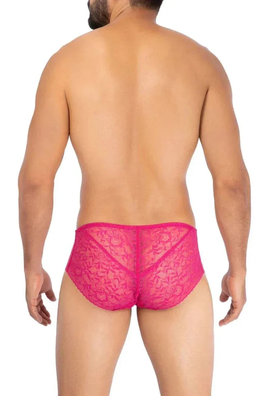 Man wearing pink Prowler Lace Briefs with floral lace design and comfortable fit shown from the back.