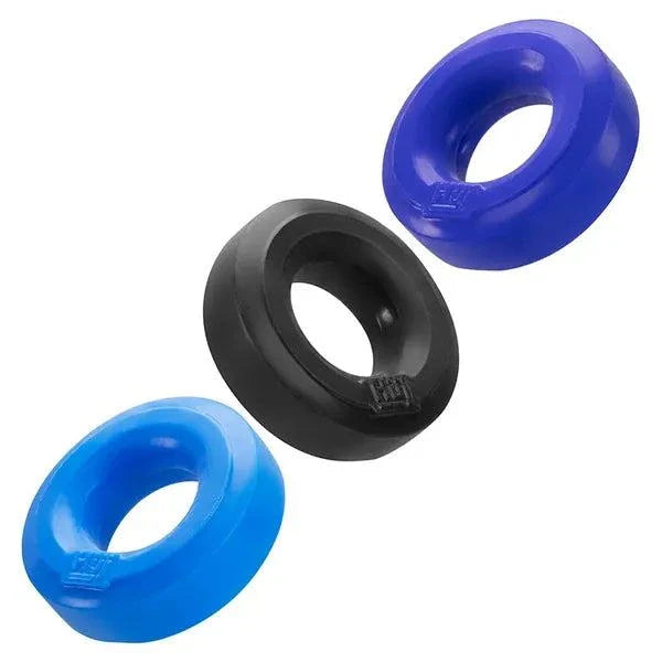 Hunkyjunk HUJ3 C-Ring 3-Pack in blue, black, and purple, showcasing versatile plus+silicone™ blend.