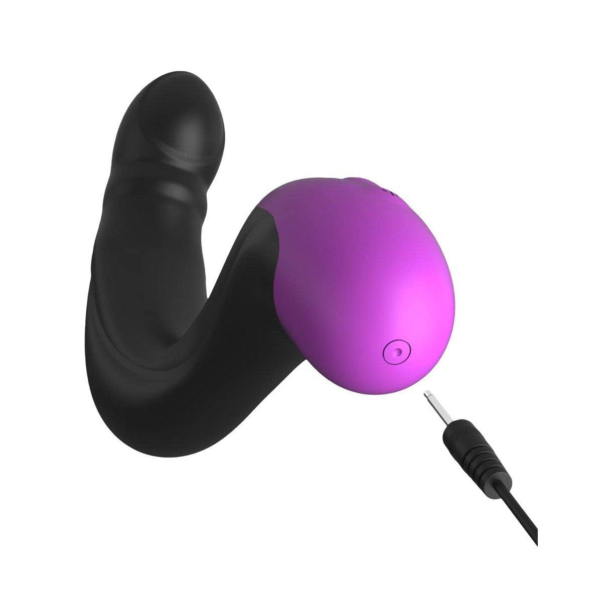 Rechargeable silicone hyper-pulse P-spot massager in black with charging cable.