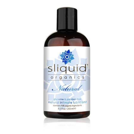 Sliquid Organics Natural Lubricant bottle with label featuring natural intimate lubricant details.