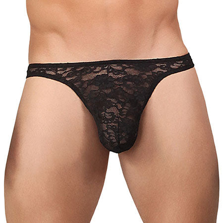 Male Power Stretch Lace Bong Thong in black.